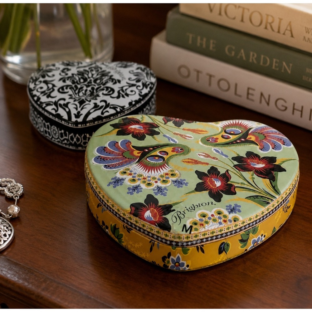 Brighton Heart Shaped  2 Tins Floral Peacock Damask Decorative Storage Box 86-02
